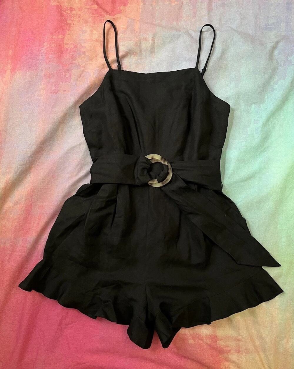 Ann Taylor LOFT Black Linen Sleeveless Shorts Romper Belted Ruffle Coastal Sz 2